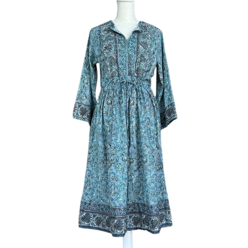 BELLA TU Floral Print Boho Midi Dress Lightweight Cotton Embroidery Size Medium